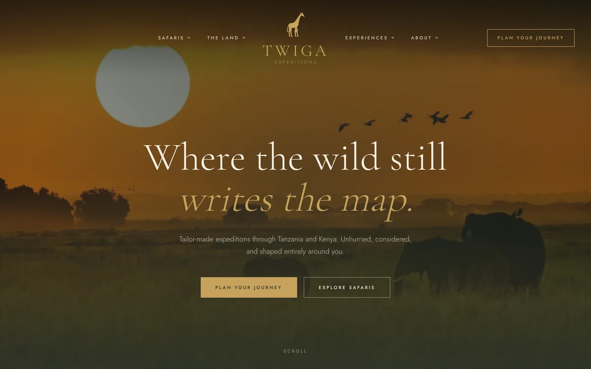 Página inicial do site da Twiga Expeditions, safaris à medida na Tanzânia e no Quénia